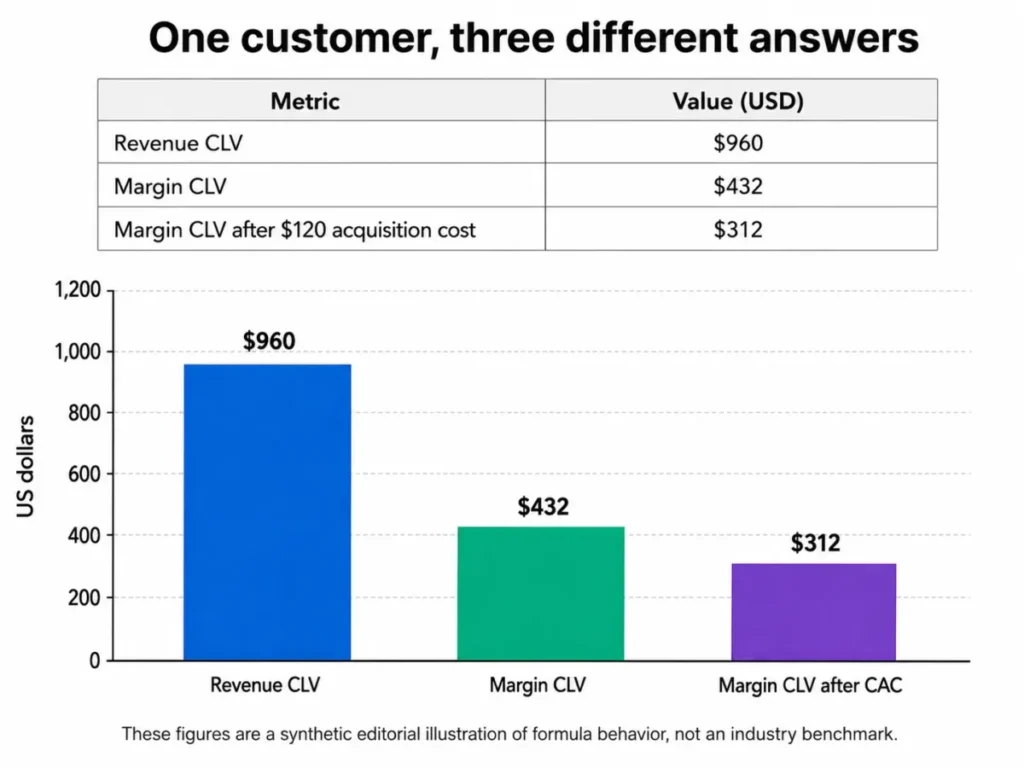 Bar chart comparing Revenue CLV, Margin CLV, and Margin CLV after $120 acquisition cost for one customer, with values of $960, $432, and $312.