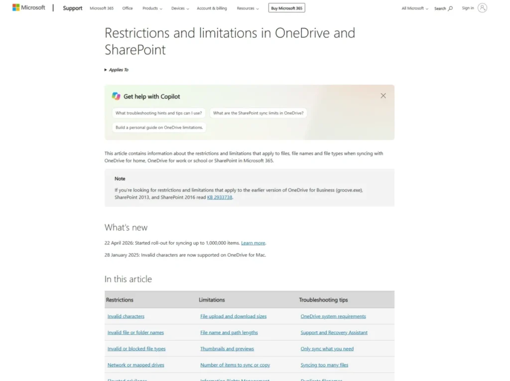 Microsoft OneDrive restrictions page showing the April 2026 rollout for syncing up to 1,000,000 items