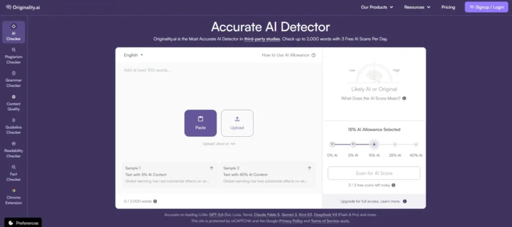 Originality.ai interface in our best AI detector comparison for 2026