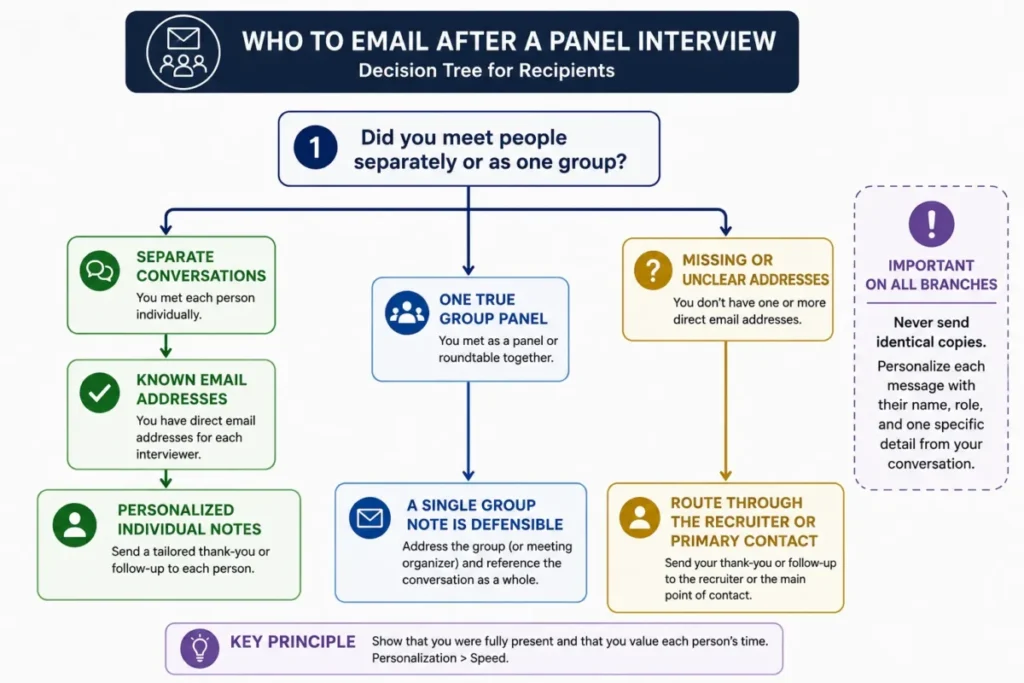 Panel interview recipient decision tree showing when to send individual notes, a group note, or route through a recruiter