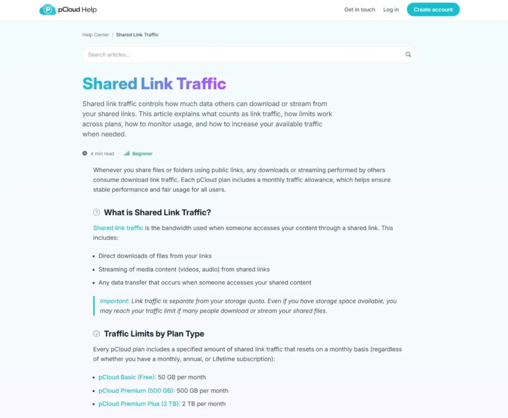 pCloud Help page showing shared link traffic limits of 50 GB, 500 GB, and 2 TB per month by plan