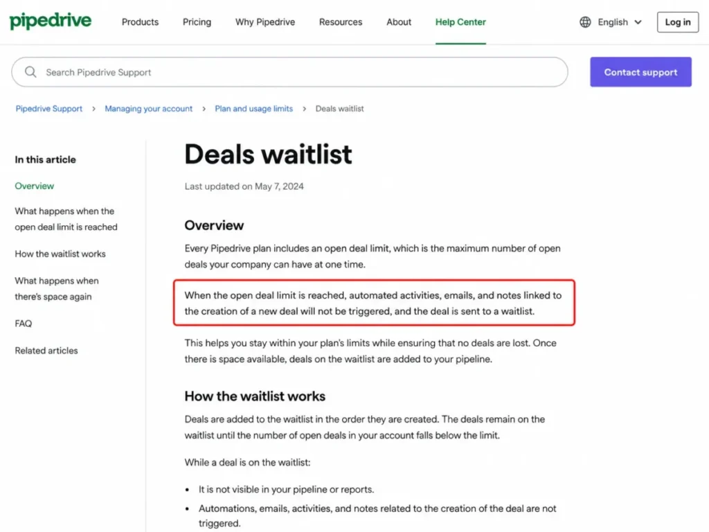 Pipedrive deals waitlist behavior when the open deal limit is reached