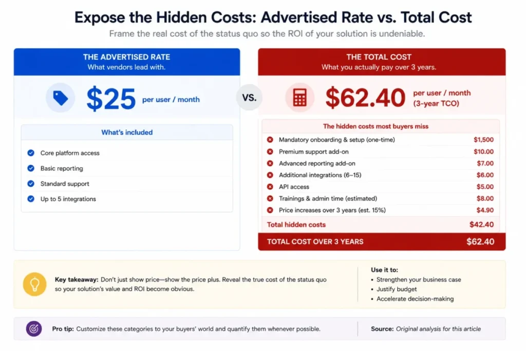 Pitch deck hidden cost framing comparing an advertised per-user rate with the full three-year total cost