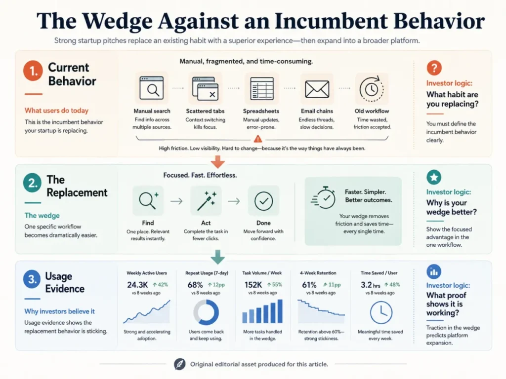 Pitch deck wedge framework showing current incumbent behavior, the replacement workflow, and usage evidence proving adoption