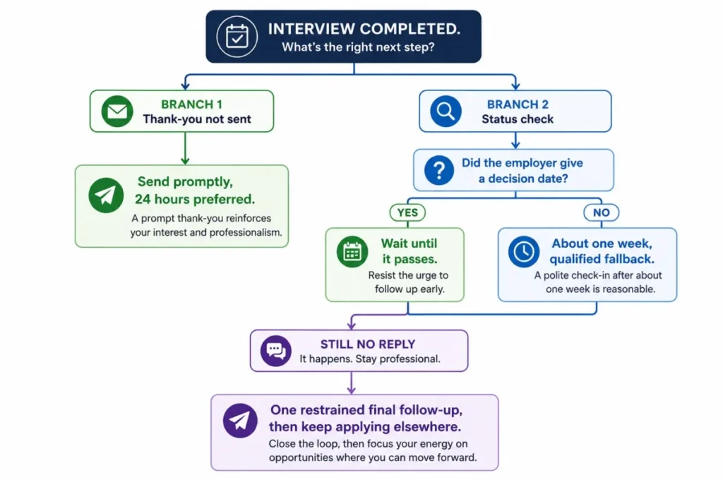 Post-interview follow-up timing decision tree for thank-you, status check, and final follow-up