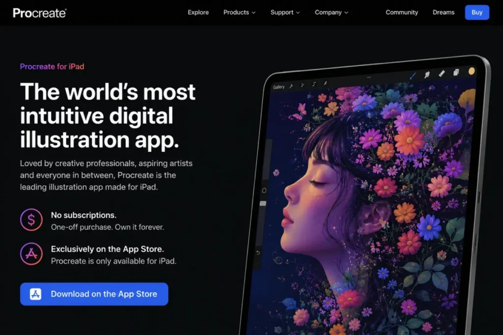 Procreate for iPad showing no subscription and exclusive App Store availability