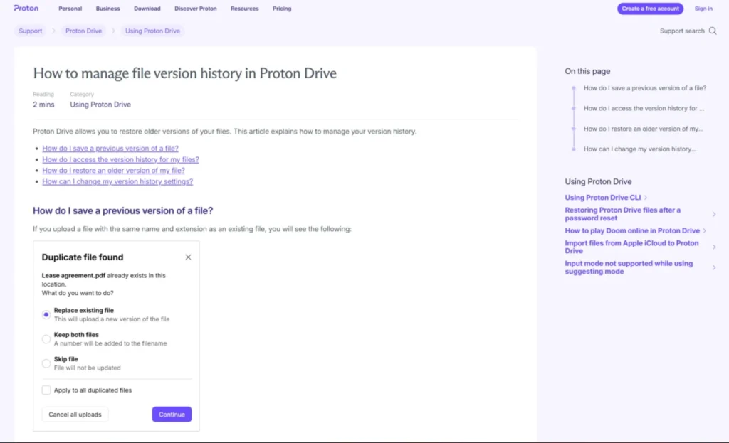 Proton Drive support page showing the Replace existing file option for creating a new file version