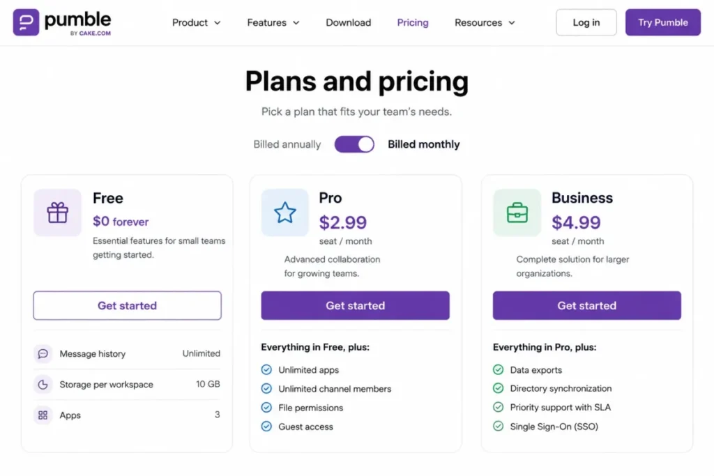 Pumble pricing comparison showing Free, Pro at $2.99 per seat monthly, Business at $4.99, and monthly billing selected.