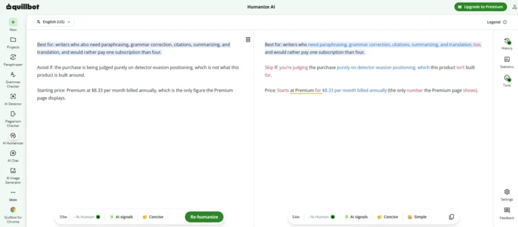 QuillBot AI Humanizer rewriting a sample passage with side-by-side output