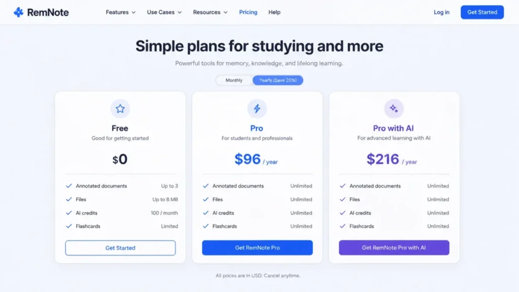 RemNote pricing showing Free with 3 annotated documents and 100 AI credits, Pro at $96 per year and Pro with AI at $216 per year