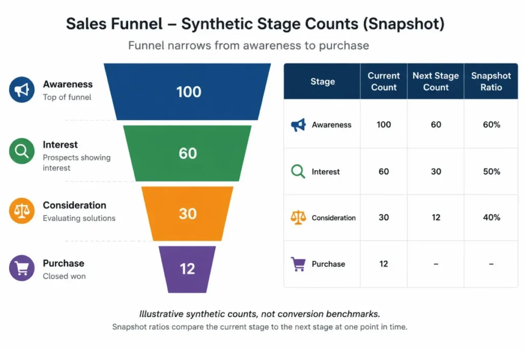 Sales funnel chart showing synthetic stage counts of 100 awareness, 60 interest, 30 consideration, and 12 purchase