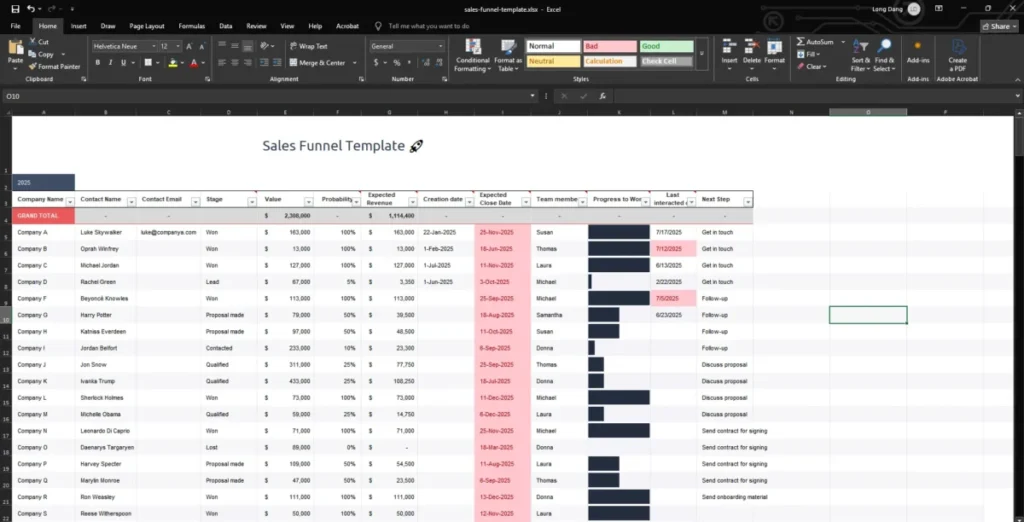 Sales funnel template in Excel showing company, stage, deal value, probability, expected revenue, owner, and next steps