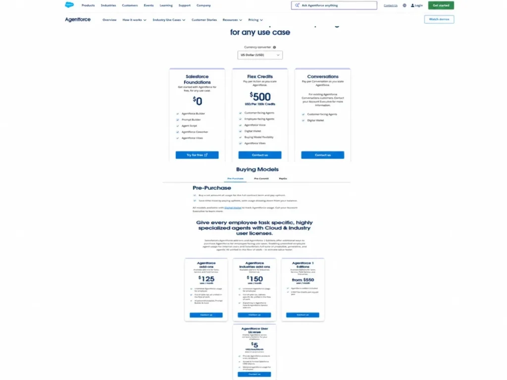 Salesforce Agentforce pricing showing Flex Credits, Conversations, add-ons, and Agentforce user licensing