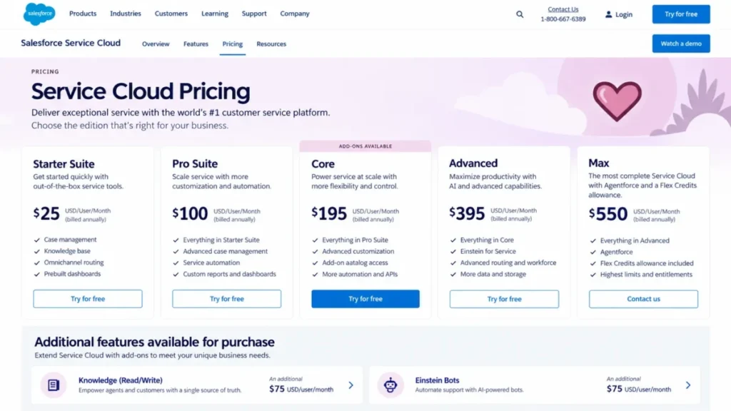 Salesforce Service Cloud customer service platform pricing with Core at $195 and Max at $550 per user