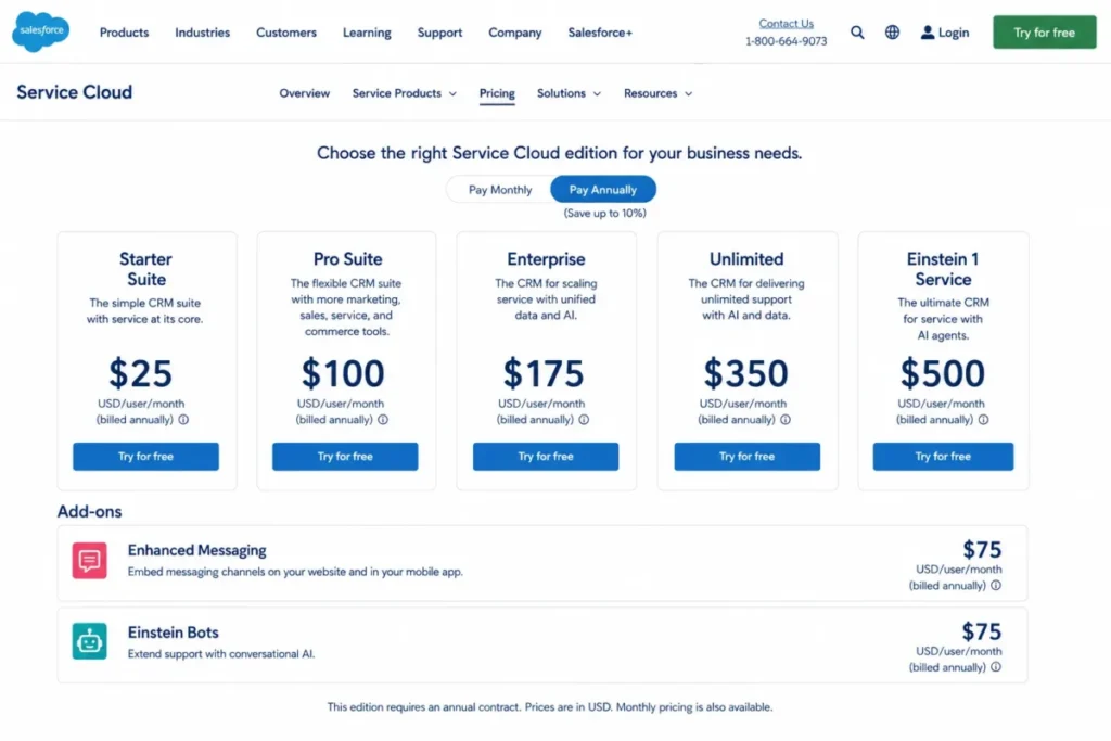 Salesforce Service Cloud pricing showing Starter Suite at $25, Enterprise at $175, and Enhanced Messaging and Einstein Bots add-ons at $75 per user monthly.