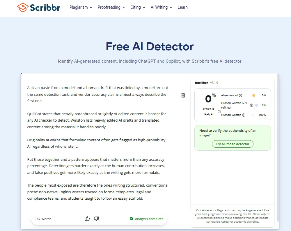 Scribbr Free AI Detector interface in our best AI detector comparison for 2026