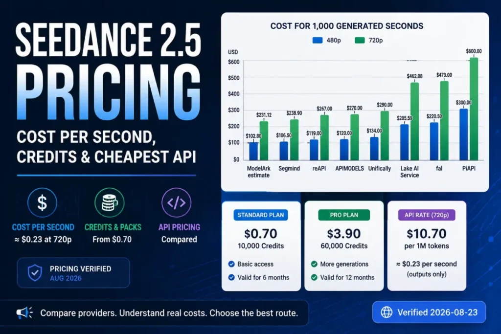 Seedance 2.5 pricing comparison showing cost per second, credits and API rates