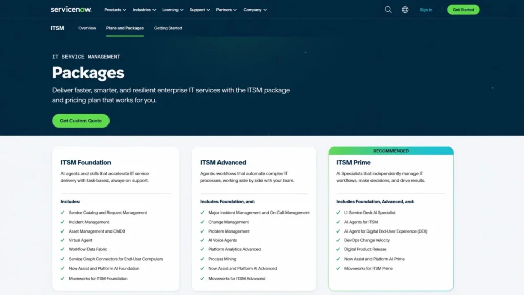 ServiceNow ITSM package comparison showing Foundation, Advanced and Prime, with Change Management and Problem Management included in Advanced.