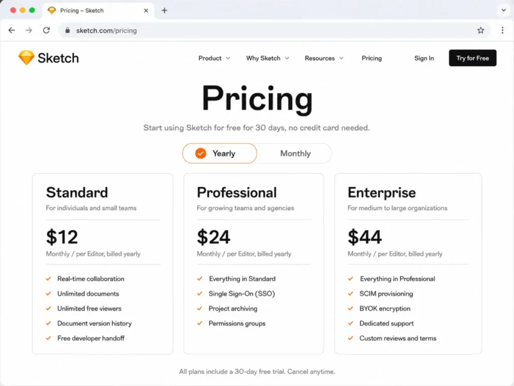 Sketch pricing showing Standard, Professional, and Enterprise plans with yearly billing