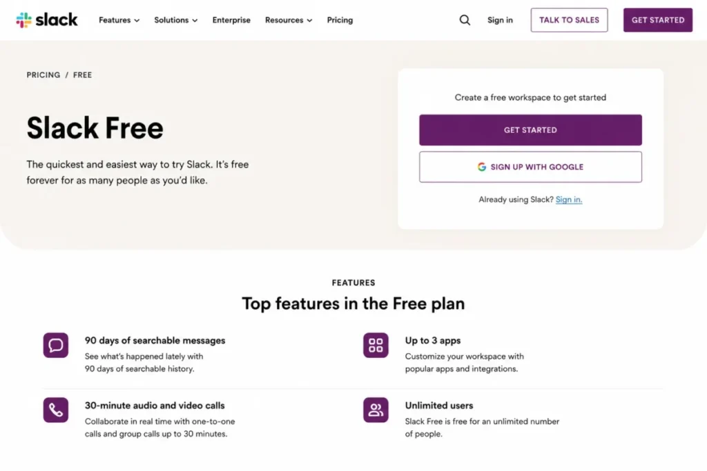 Slack Free plan showing 90 days of searchable messages, up to three apps, and 30-minute audio and video calls.