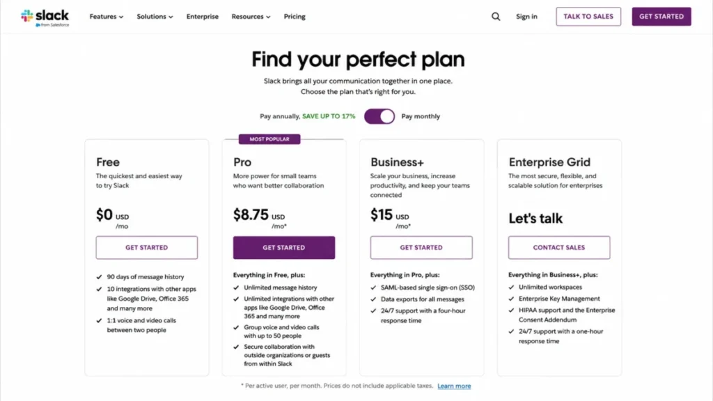 Slack Free and Pro plan comparison showing monthly billing, Pro at $8.75 per active user, and Free plan message-history limits.
