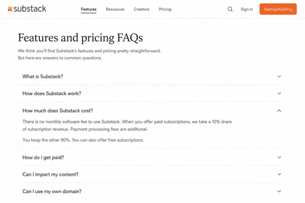 Substack pricing FAQ showing no monthly fee and a 10% share of paid subscription revenue