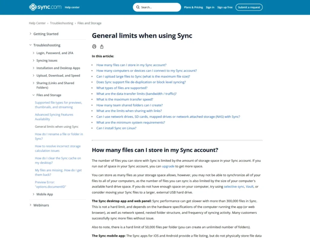 Sync.com Help Center showing slower performance above 300,000 files and a hard limit of 50,000 files per folder