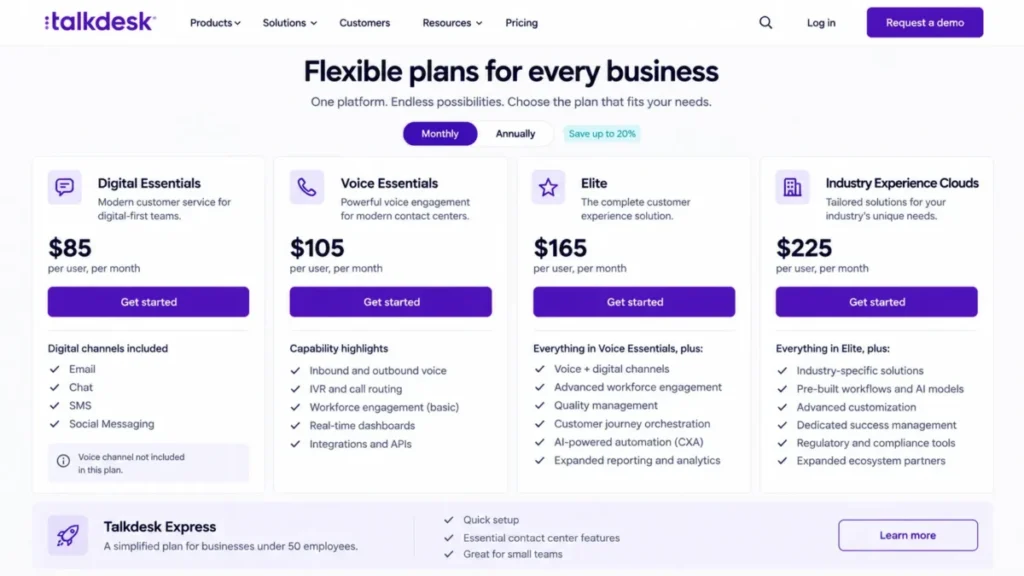 Talkdesk customer service platform pricing with Digital Essentials at $85, Voice Essentials at $105, and Elite at $165