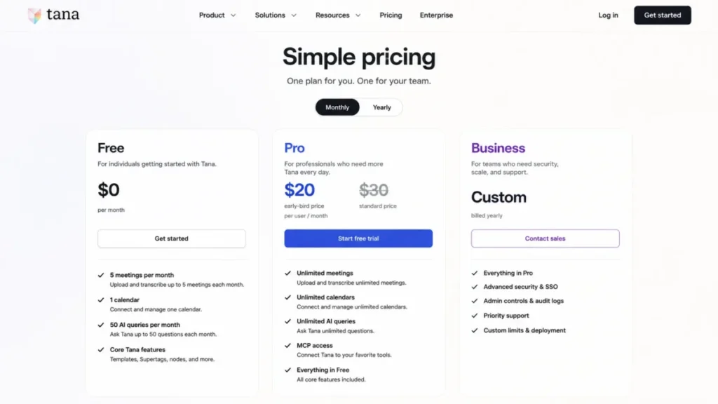 Tana pricing showing Free with 5 meetings, 1 calendar and 50 AI queries, plus Pro at $20 early-bird and $30 standard
