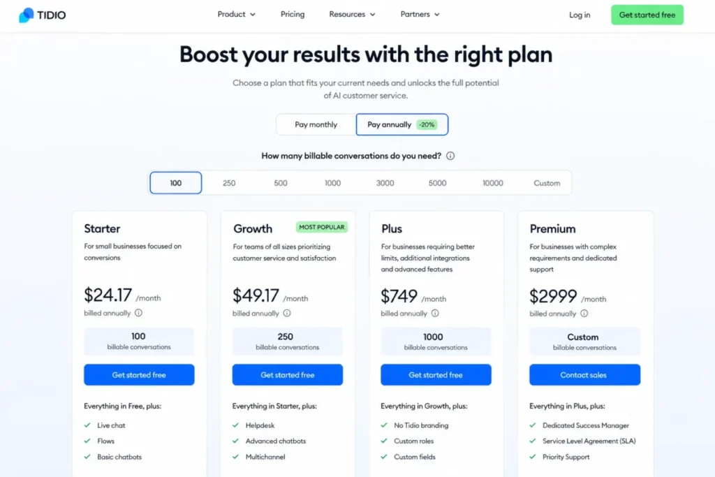 Editorial recreation of Tidio pricing with annual billing selected, showing Starter at $24.17 for 100 conversations and Growth at $49.17 for 250.