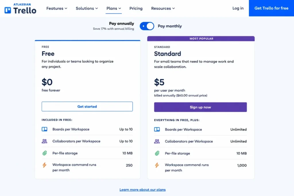Trello Free and Standard plans compared by boards, collaborators, file storage, and monthly automation command runs.