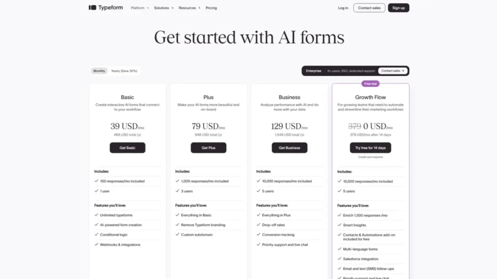 Typeform pricing page showing Basic at $39 per month with 100 responses and one user, and Plus with branding removal.