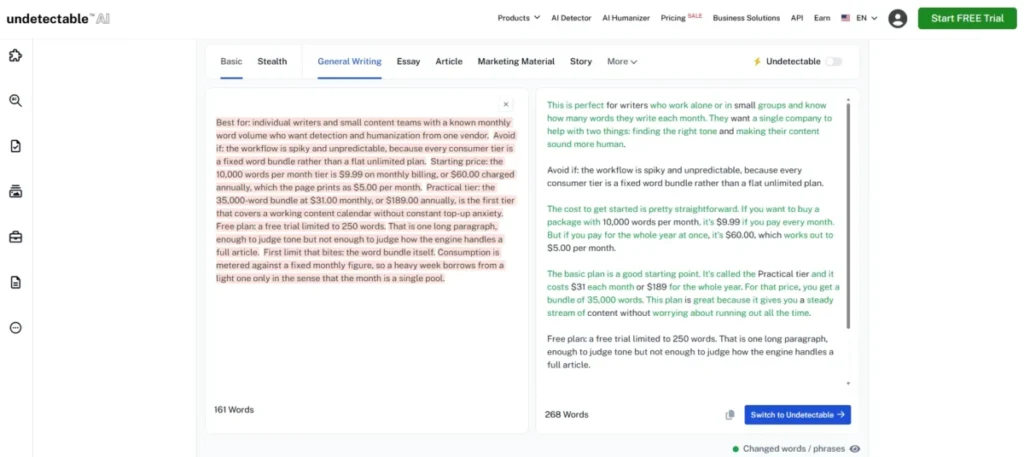Undetectable AI humanizer rewriting a sample passage in General Writing mode