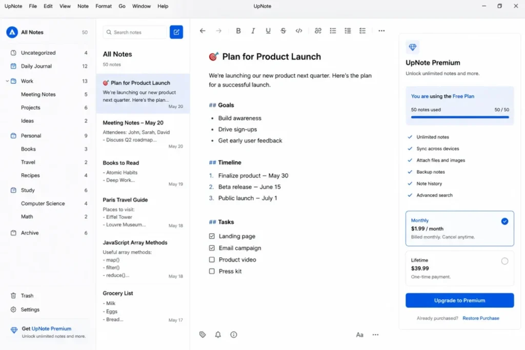 UpNote desktop app with note list and Premium pricing panel