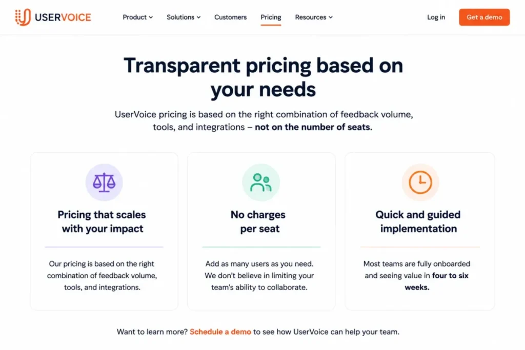 UserVoice pricing illustration showing pricing based on feedback volume, tools and integrations, with no per-seat charges.
