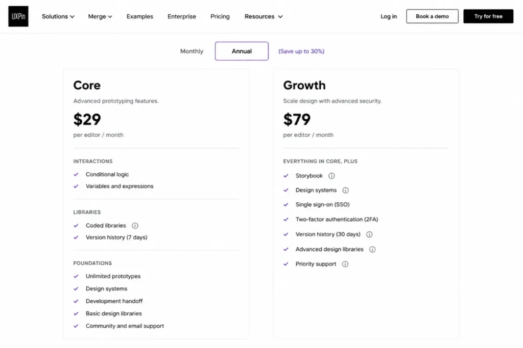 UXPin pricing comparison showing Core at $29 per editor with conditional logic and 7-day history, and Growth with Storybook, SSO, 2FA, and 30-day history.