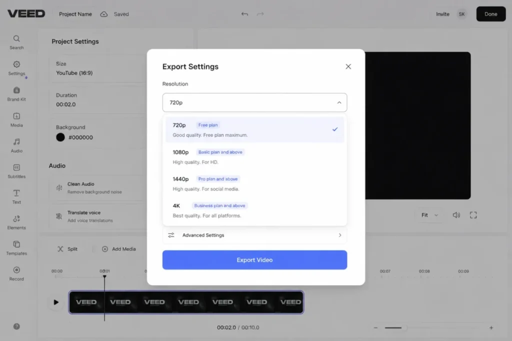 VEED export settings showing 720p free plan limit and higher resolution options on paid plans