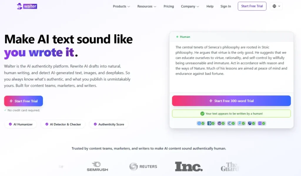 Walter Writes AI humanizer interface with its built-in AI detector