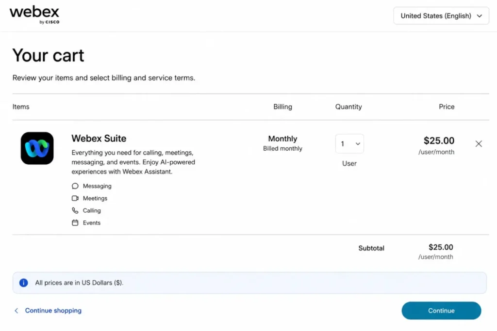 Webex Suite cart showing monthly billing at $25 per user per month for the US market.
