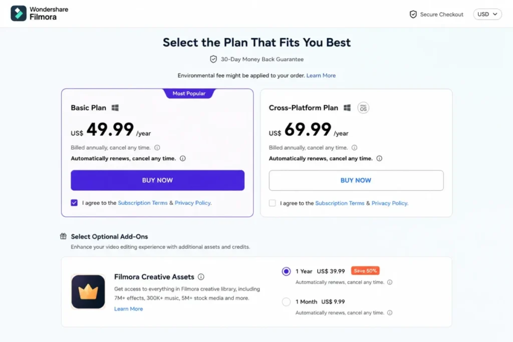 Wondershare Filmora pricing showing the $49.99 Basic annual plan and optional Creative Assets subscription
