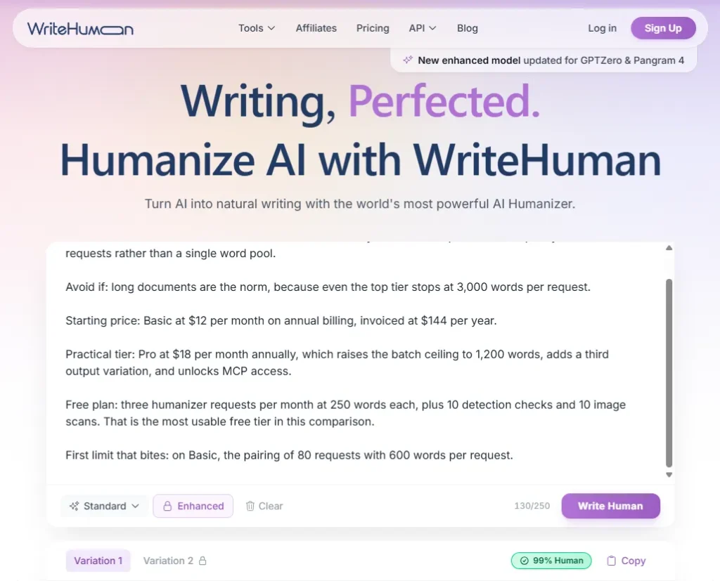 WriteHuman AI humanizer interface using Enhanced mode on a sample passage
