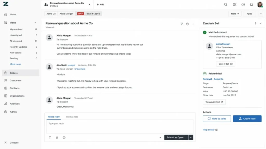 Zendesk Support ticket showing the Zendesk Sell sidebar with a matched contact, related deal, deal owner, and sales actions.