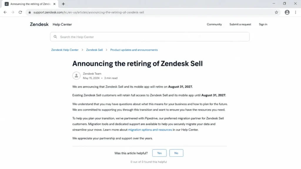 Zendesk Help Center announcement confirming Zendesk Sell will retire on August 31, 2027.