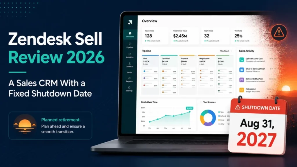 Zendesk Sell Review 2026 showing a sales CRM dashboard and the August 31, 2027 shutdown date.