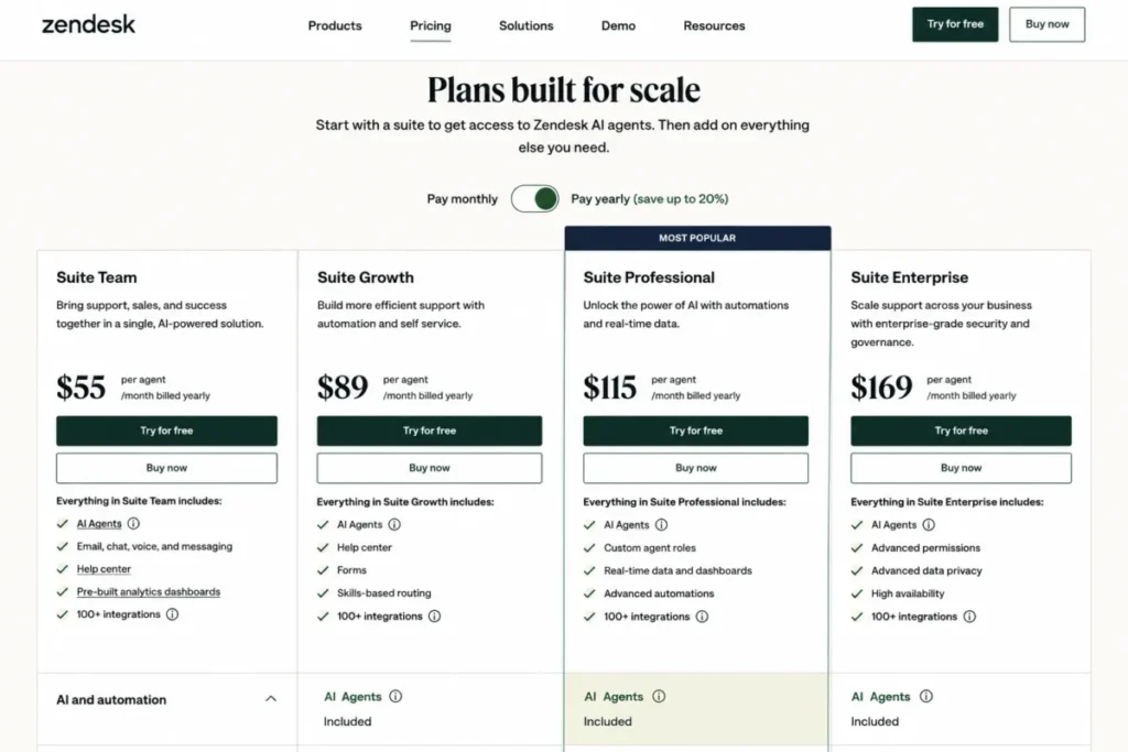 Zendesk pricing page showing Suite Team at $55 per agent per month with AI Agents included