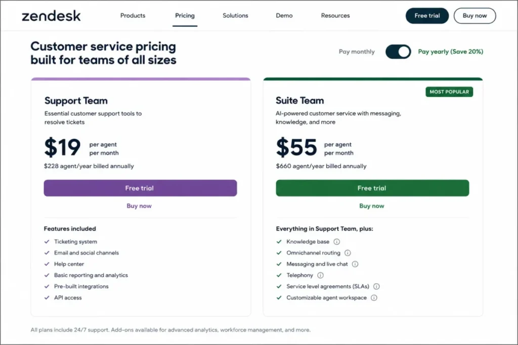 Zendesk Support Team at $19 and Suite Team at $55 per agent per month with annual billing.