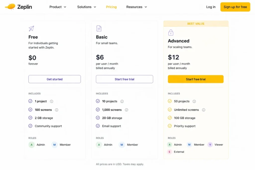Zeplin plan comparison showing Free with 1 project and 100 screens, and Advanced with 50 projects, unlimited screens, and role-based access