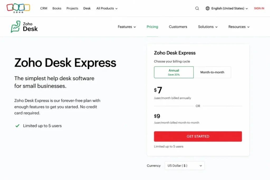 Zoho Desk Express pricing showing $7 per user monthly with annual billing, $9 month to month, and a five-user limit.