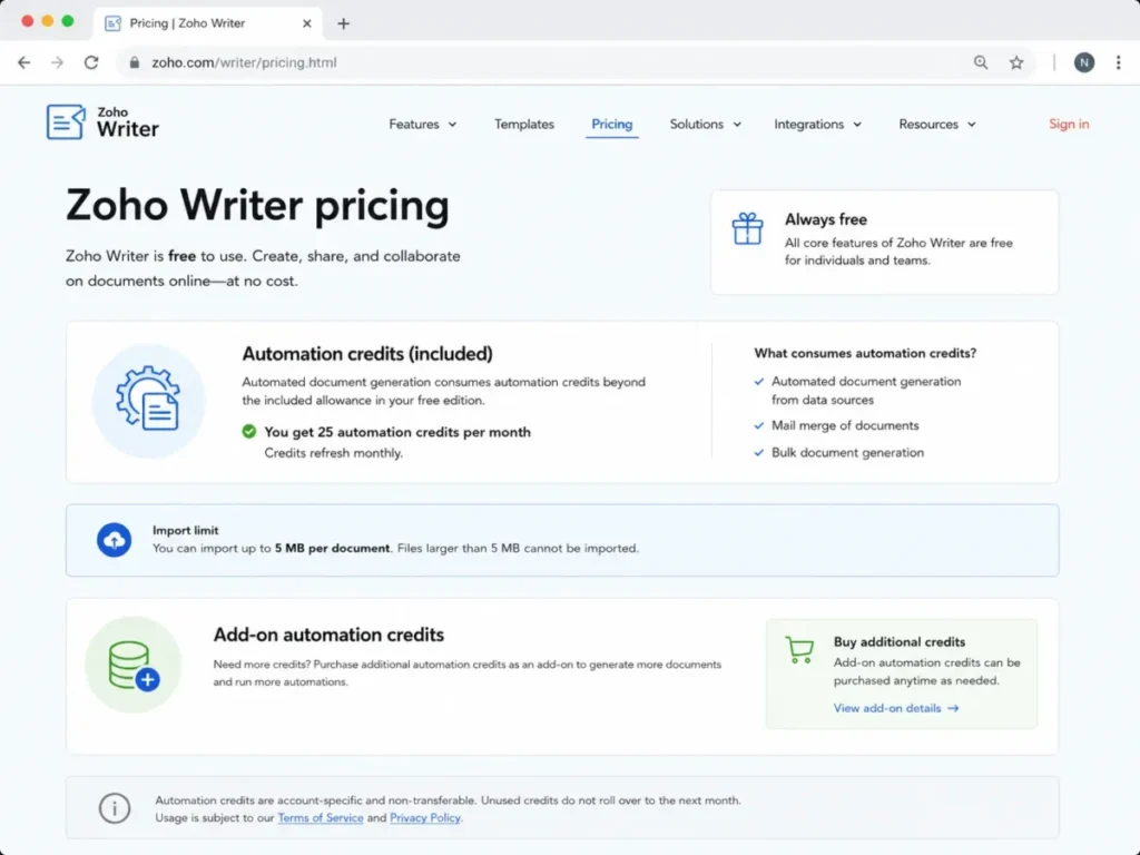 Zoho Writer pricing page showing free core editing and automation credits for document generation.