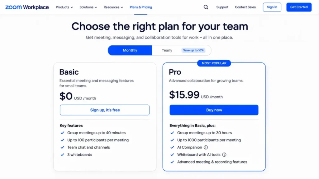 Zoom Workplace pricing comparison showing the free Basic plan, Pro at $15.99 per user monthly, and monthly billing selected.